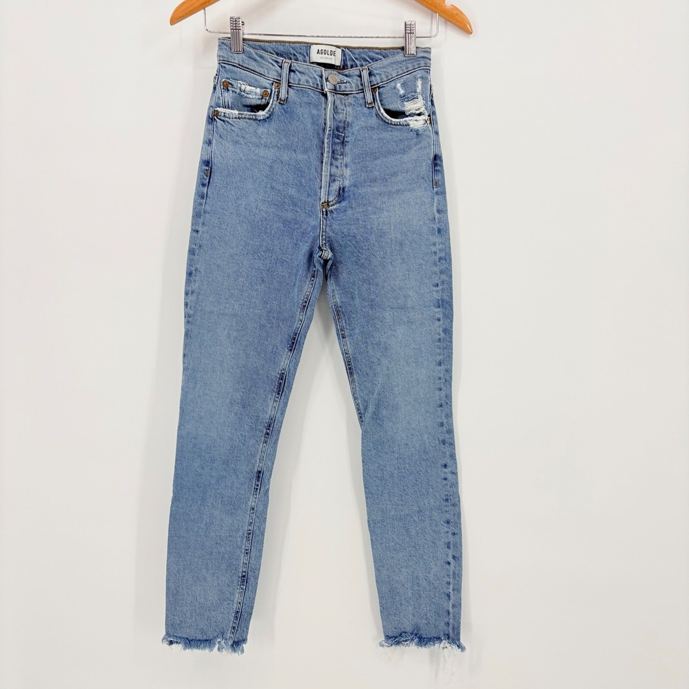 AGOLDE Nico High Rise Straight Leg Jeans Light Wash Distressed Raw Hem Size 25 - Picture 4 of 16